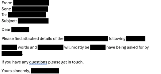 An email with all names, including the sender and receiver's names, blacked out.